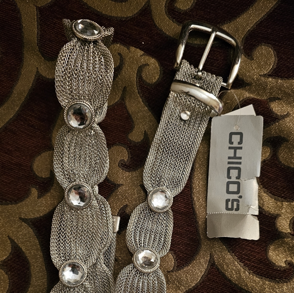 Chico's Silver Mesh Belt with Crystal Accent